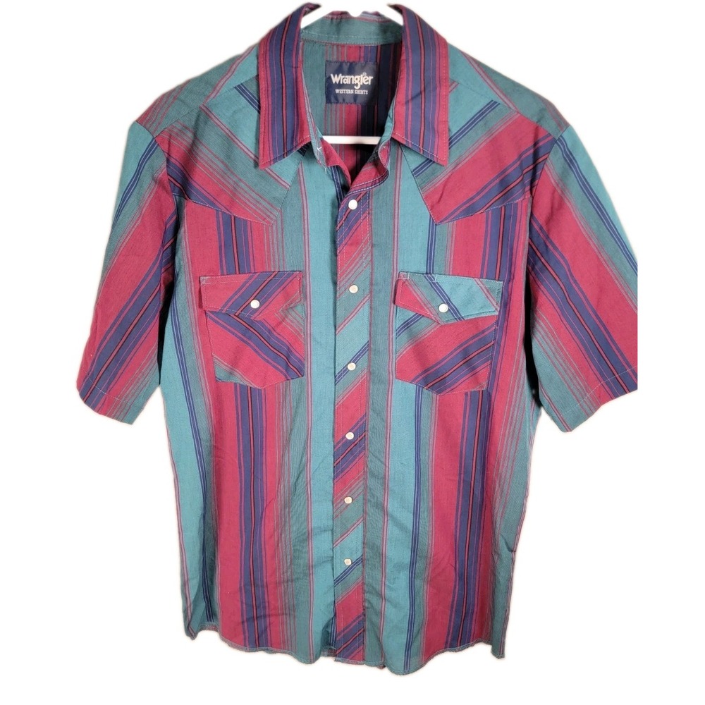 Wrangler Western Shirt Mens S Teal Berry Stripe Pearl Snap Cowboycore 90s